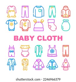 baby cloth infant newborn child icons set vector. clothing fashion, wear girl, cute cotton, little care, bodysuit kid, style design baby cloth infant newborn child color line illustrations