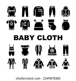baby cloth infant newborn child icons set vector. clothing fashion, wear girl, cute cotton, little care, bodysuit kid, style design baby cloth infant newborn child glyph pictogram Illustrations