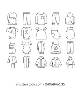 baby cloth infant newborn child icons set vector. clothing fashion, wear girl, cute cotton, little care, bodysuit kid, style design baby cloth infant newborn child black contour illustrations