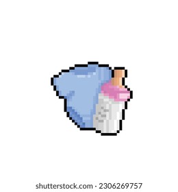 baby cloth and milk bottle in pixel art style