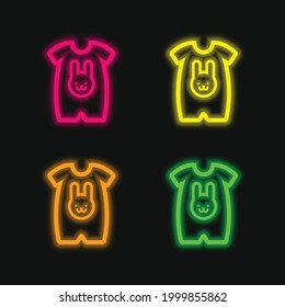 Baby Cloth With A Rabbit Head Outline four color glowing neon vector icon