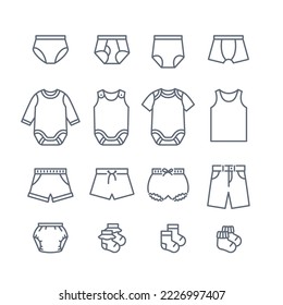 Baby cloth thin line icons. Simple linear pictograms of kids clothing. Children wardrobe garments. Underwear, panties, rompers, shorts and socks. Outfit for newborn child, toddler, little boy or girl