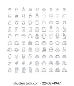 Baby cloth thin line icons. Simple linear pictograms for kids clothing shop. Editable stroke. Children wardrobe garments. Cute outfit for toddler, little boy or girl. Shirt, pants, jacket, dress, coat