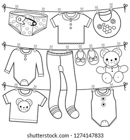 Baby clothes and accessories hanging on clothes line. Vector black and white coloring page.