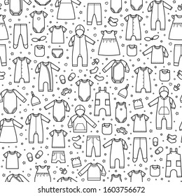 Baby clothes and accessories. Seamless pattern. Vector illustration in flat linear styl