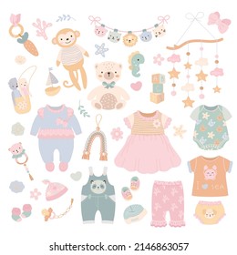 Baby clothes. Babies cloth, cute child dress and toys. Child fabric, isolated cartoon shoes, wear and hat. Kid, infant or newborn nowaday vector elements