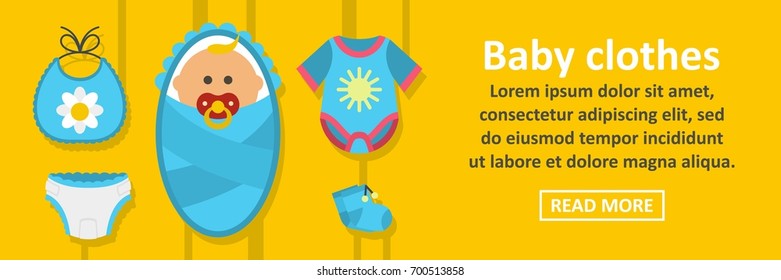 Baby clothes banner horizontal concept. Flat illustration of baby clothes banner horizontal vector concept for web