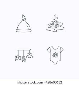 Baby clothes, bath bubbles and hat icons. Baby toys linear signs. Flat linear icons on white background. Vector