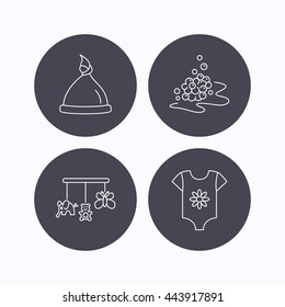 Baby clothes, bath bubbles and hat icons. Baby toys linear signs. Flat icons in circle buttons on white background. Vector