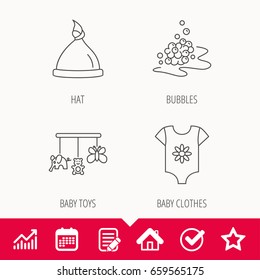 Baby clothes, bath bubbles and hat icons. Baby toys linear signs. Edit document, Calendar and Graph chart signs. Star, Check and House web icons. Vector
