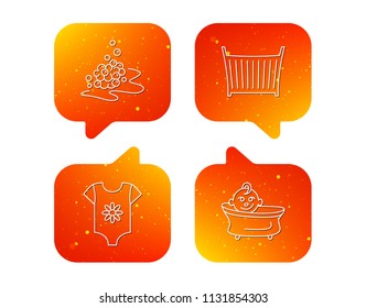 Baby clothes  bath   crib icons  Bath bubbles linear sign  Orange Speech bubbles and icons set  Soft color gradient chat symbols  Vector