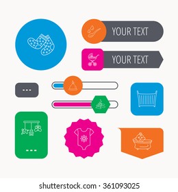 Baby clothes, bath and hat icons. Pram carriage, spoon with drops linear signs. Socks, baby toys and bubbles flat line icons. Web buttons and app menu navigation.