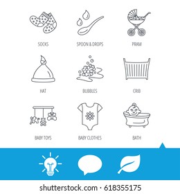 Baby clothes, bath and hat icons. Pram carriage, spoon with drops linear signs. Socks, baby toys and bubbles flat line icons. Light bulb, speech bubble and leaf web icons. Vector