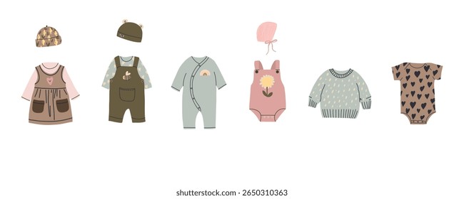 Baby clothes. Beige newborn bodysuit, hat and pants. Baby and toddler clothing, natural ecological cotton. Bear overalls, little girl dress and boy pants, vector cartoon flat isolated illustration