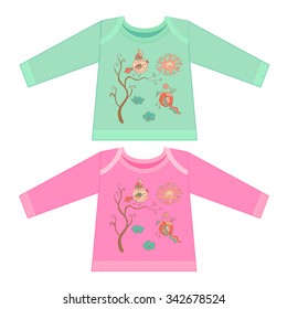 Baby clothes with cartoon animals. Sketchy little pink birds on a tree with the sun and clouds in cartoon style.