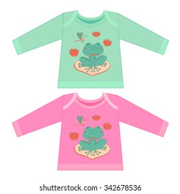 Baby clothes with cartoon animals. Sketchy little frog sits on a leaf among pink lilies on the lake in cartoon style.