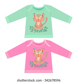 Baby clothes with cartoon animals. Sketchy little pink tiger cub smiling and Playing In Fall Leaves in cartoon style.
