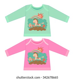 Baby clothes with cartoon animals. Sketchy little pink spotted horse on the background of the forest in cartoon style.