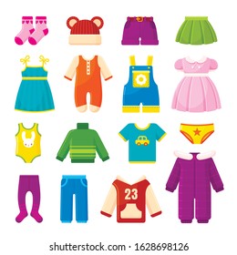 Baby clothes, childish things vector flat illustrations set. Sweaters and bodysuit, dresses and accessories collection. Cartoon girlish and boyish clothing pack isolated on white background