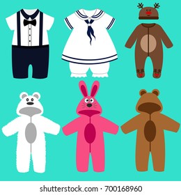 Baby clothes. Children's tuxedo. Romper suit. The sailor's costume. Rompers bear, bunny.  For girls and boys. Vector illustration.