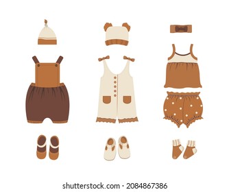 Baby clothes collection. Boho outfit. Cute little boy or girl wardrobe. Vector illustration in flat cartoon style. Accessories for newborn.