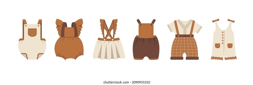 Baby clothes collection. Boho outfit. Cute little boy or girl wardrobe. Vector illustration in flat cartoon style. Accessories for newborn.