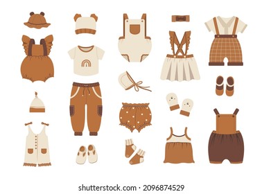 Baby clothes collection. Boho outfit. Cute little boy or girl wardrobe. Vector illustration in flat cartoon style. Accessories for newborn.