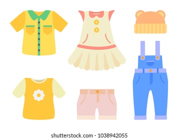 Baby clothes collection, poster with types of clothing, bodysuit and shirt, dress and hat with ears, shorts and romper isolated on vector illustration