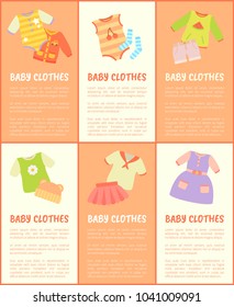 Baby clothes collection text, baby clothes with jumpers, t-shirts and dress, hat and socks, information and headlines isolated on vector illustration