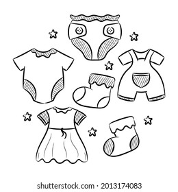 Baby clothes collections, with hand drawn sketching vector illustration