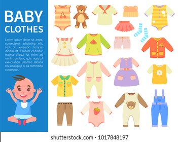 Baby clothes color banner vector illustration with blue stripe, white text sample, varied t-shirts and dress, trousers and shorts, cute sock and bear