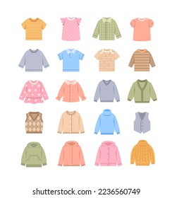 Babybekleidungsfarben, flache Symbole. Verschiedene Hemden, Pullover, Kardigans und Westen. Kinderbekleidung. Einfache Cartoon Piktogramme von Kinderbekleidung. Outfit für Kleinkinder, kleine Jungen oder Mädchen