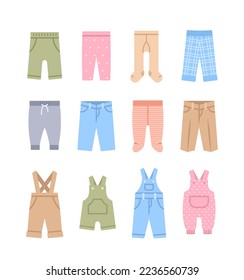 Baby clothes colorful flat icons. Children clothing cartoon pictograms. Pants, jeans, sweatpants, leggings and bodysuits. Kids wardrobe garments. Outfit for newborn child, toddler, little boy or girl