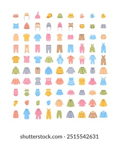 Baby clothes colorful icons. Simple flat pictograms for kids clothing shop. Children wardrobe garments. Cute outfit for toddler, little boy or girl. Shirt, pants, jacket, dress, coat, hat, skirt