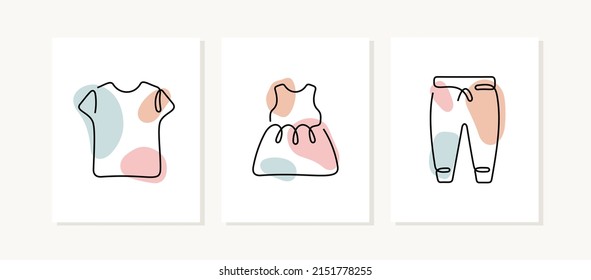 Baby clothes continuous line posters. Children's garments t-shirt, dress, pants pastel coloured illustrations.