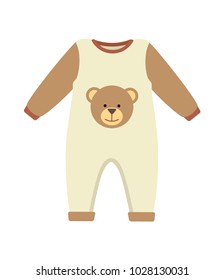 Baby clothes, costume with brown sleeves, object and image of teddy bear, poster with item for kids to wear, vector illustration isolated on white