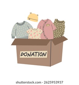 Baby clothes donation. Kids and newborn bodysuit, hat and pants in box. Sharing for children. Charity concept. Volunteer care, poor family social. Donate advertising. Vector illustration
