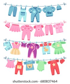 Baby clothes drying on clothesline vector illustration. Clothing baby clean, garment on clothesline