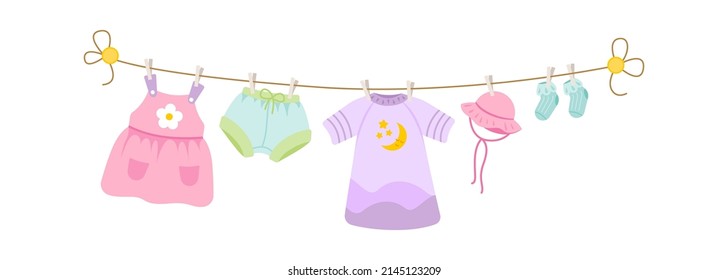 Baby clothes drying on a rope. Vector illustration