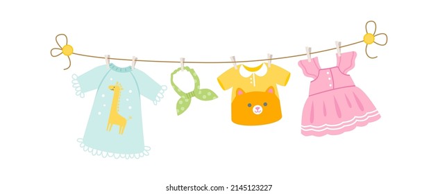 Baby clothes drying on a rope. Vector illustration