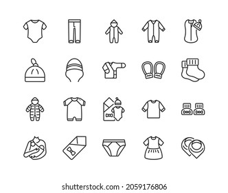 Baby Clothes Flat Line Icon Set. Vector Illustration Infant Apparel, Bodysuit, Romper, Napkin, Booties .Editable Strokes