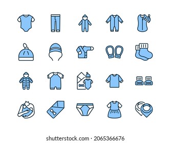 Baby clothes flat line icon set blue color. Vector illustration infant apparel, bodysuit, romper, napkin, booties .Editable strokes.