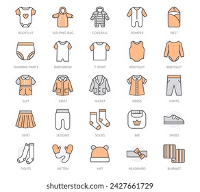 Baby clothes flat line icons set. Bodysuit, coverall, romper, buster suit, newborn nest, girl dress vector illustrations. Outline signs for children fashion store. Orange color, Editable Stroke