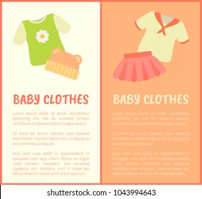 Baby Clothes framed banners, vector illustration with apparel for little girls, baby t-shirts and pink skirt, cute hat with elegant ears, text sample