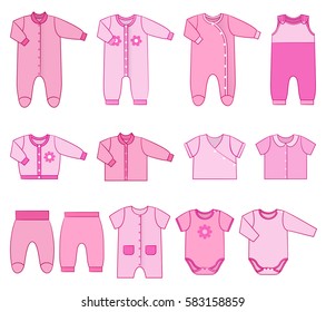 Baby clothes. Garments for infant girls. Vector. Kids bodysuits, overalls, rompers, dress. Set icons pink clothing in flat style. Illustration with isolated objects with stroke on white background.