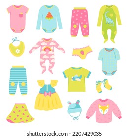 Baby clothes. Garments for infant kids. Colorful bodysuits, overalls for boy and girl. Skirt, pants and dress element. Cartoon flat vector illustration