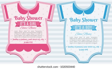 Baby Clothes Girl And Boy Shower Invitation Card Template. Set Of Baby Shower Invitation Card. Baby Frame With Clothes. It's A Boy. It's A Girl. Happy Mother And Baby Shower For Newborn Celebration.