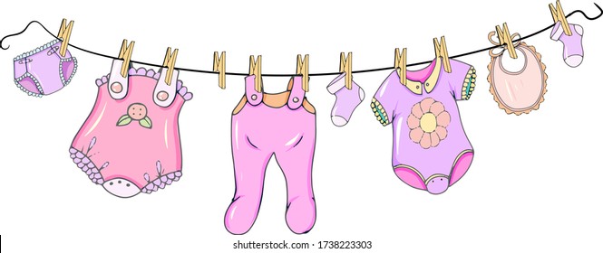  Baby clothes girl color and line vector illustrayion set,  washing clothes isolated for white background