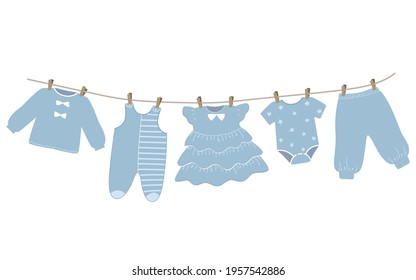 Baby clothes hang on the clothesline. Things are dried on clothespins after washing. Vector illustration in blue colors.