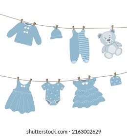 Baby clothes hang on the clothesline. Things are dried on clothespins after washing. Vector illustration in blue colors